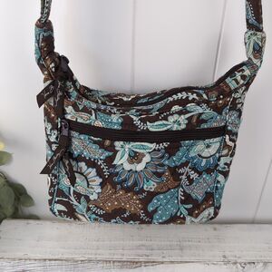 Vintage Vera Bradley Java Blue & Brown Quilted Floral Crossbody Bag Retired